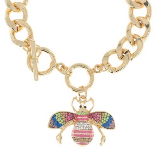 Gold Cuban link rhinestone bee charm bracelet - Picture 2 of 5